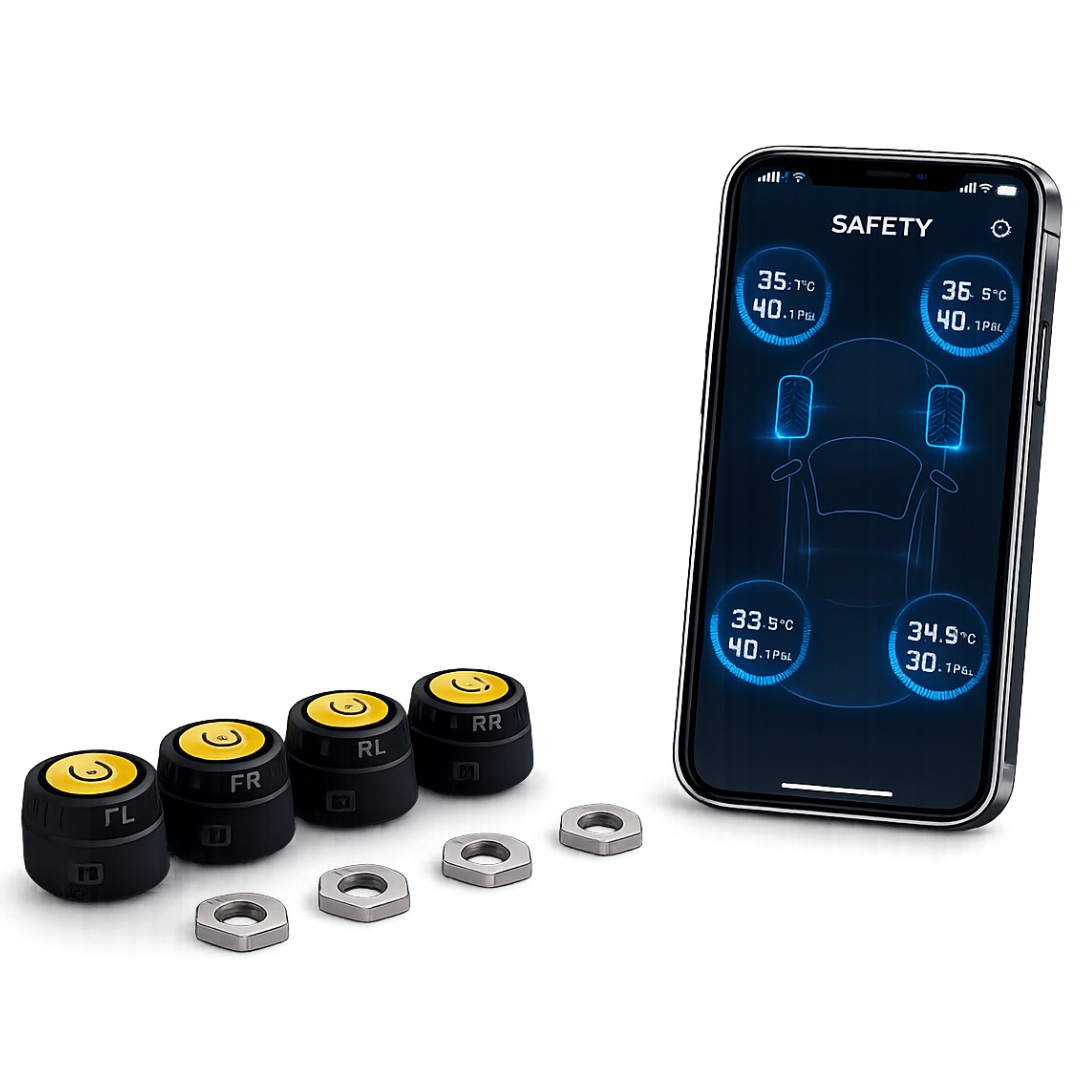 Smart tire pressure monitoring system with smartphone app on a white background