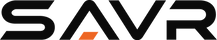 The SAVR brand logo is shown in bold black lettering with a small orange accent shape inside the letter A, set against a solid white background.