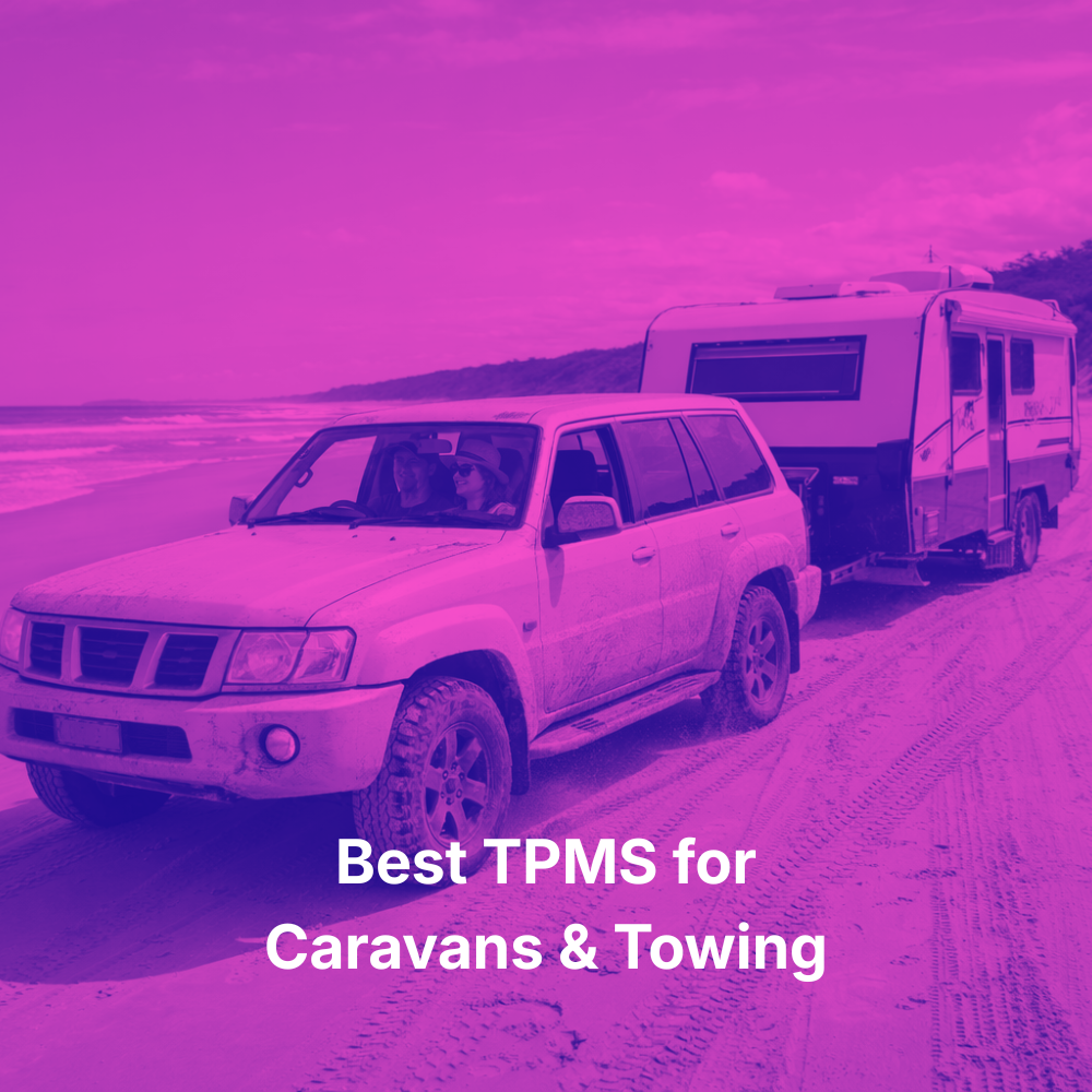 SUV towing a caravan on a road with a purple overlay and text 'Best TPMS for Caravans & Towing'.