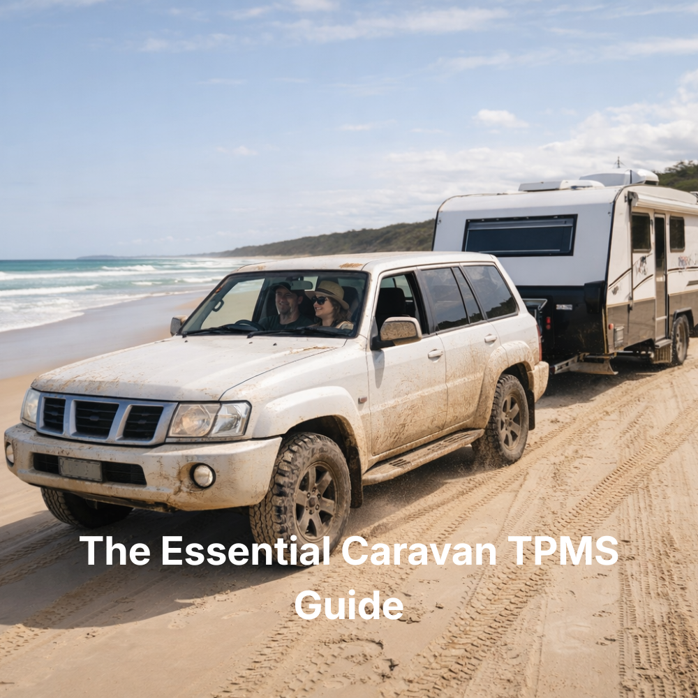 Couple driving on a beach, hitched to their caravan
