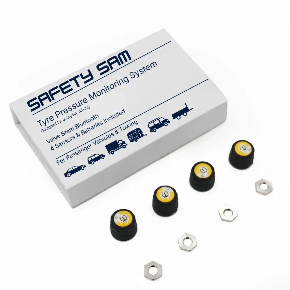 SAFETY SAM tyre pressure monitoring system packaging with components on a white background