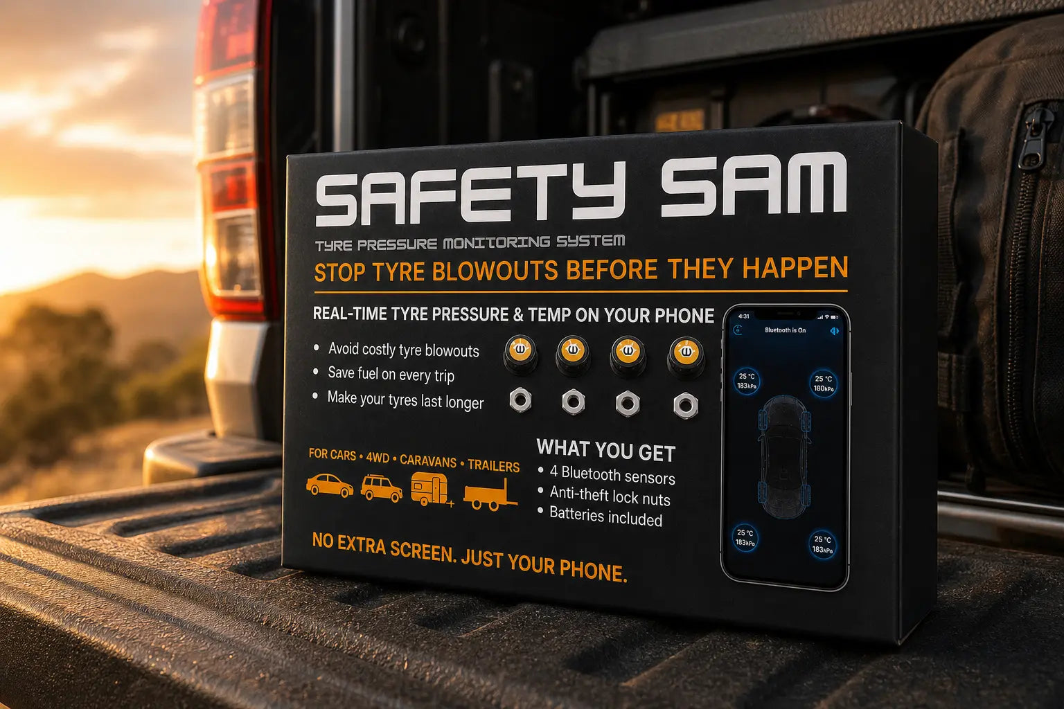 Tyre Pressure Monitoring System (TPMS) for Caravans, Trailers & 4WD - Safety Sam | Tyre Pressure Monitoring System