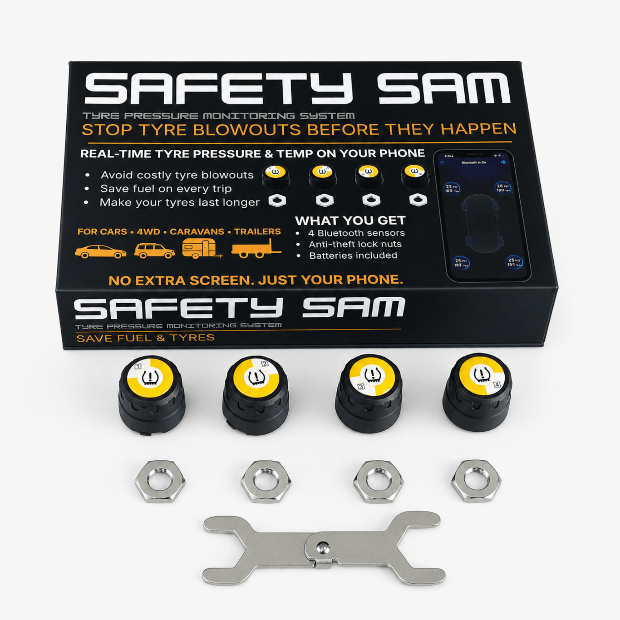 Tyre Pressure Monitoring System (TPMS) for Caravans, Trailers & 4WD - Safety Sam | Tyre Pressure Monitoring System